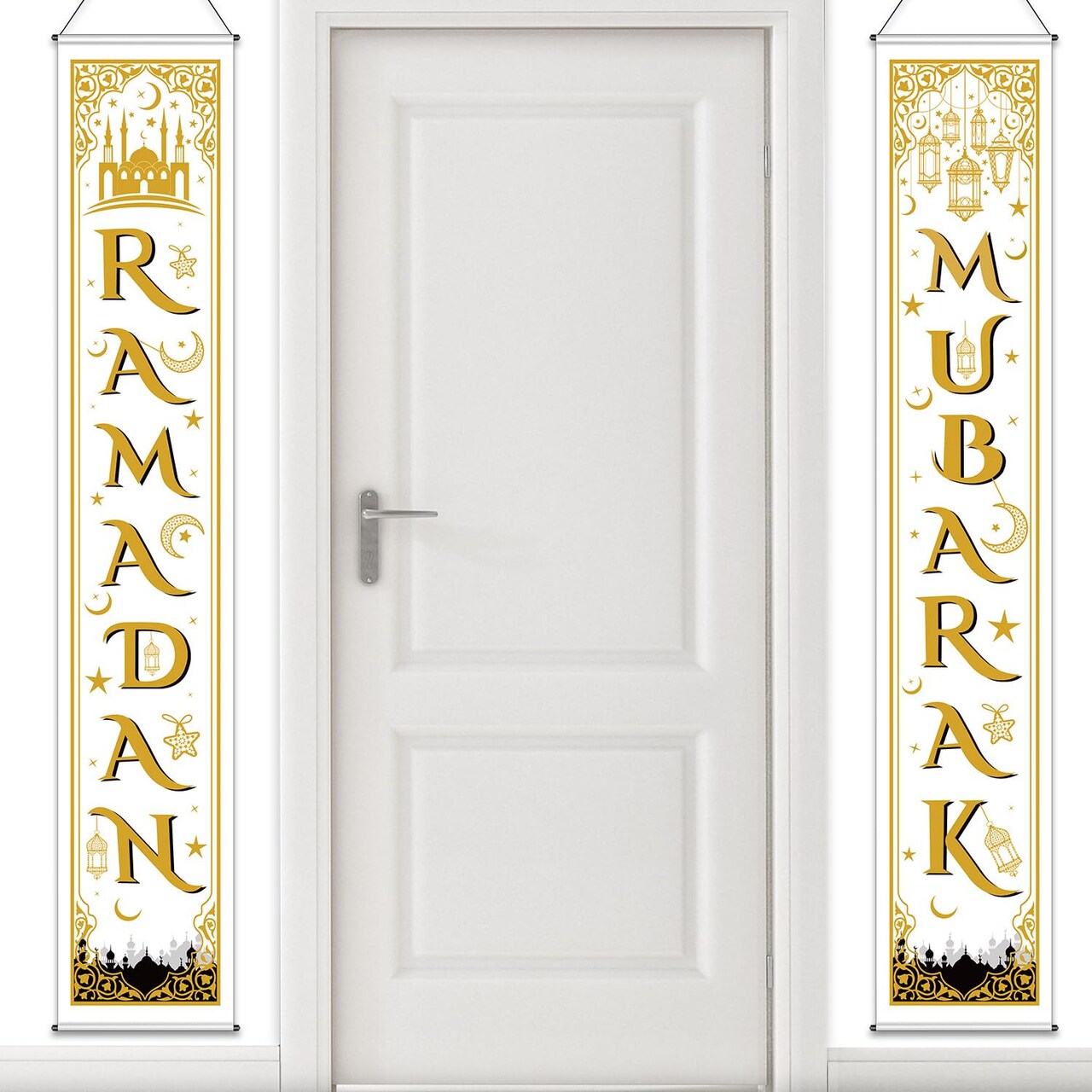Eid Mubarak Decoration Set Eid Mubarak Porch Sign Ramadan Banner Hanging Decoration for Indoor/Outdoor Decoration Eid Al-fitr Party (Gold White)